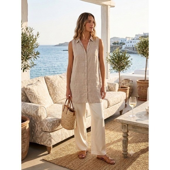 Tahari Tops - Tahari Oatmeal 100% Linen Sleeveless Button Down Tunic M Euro Summer Coastal